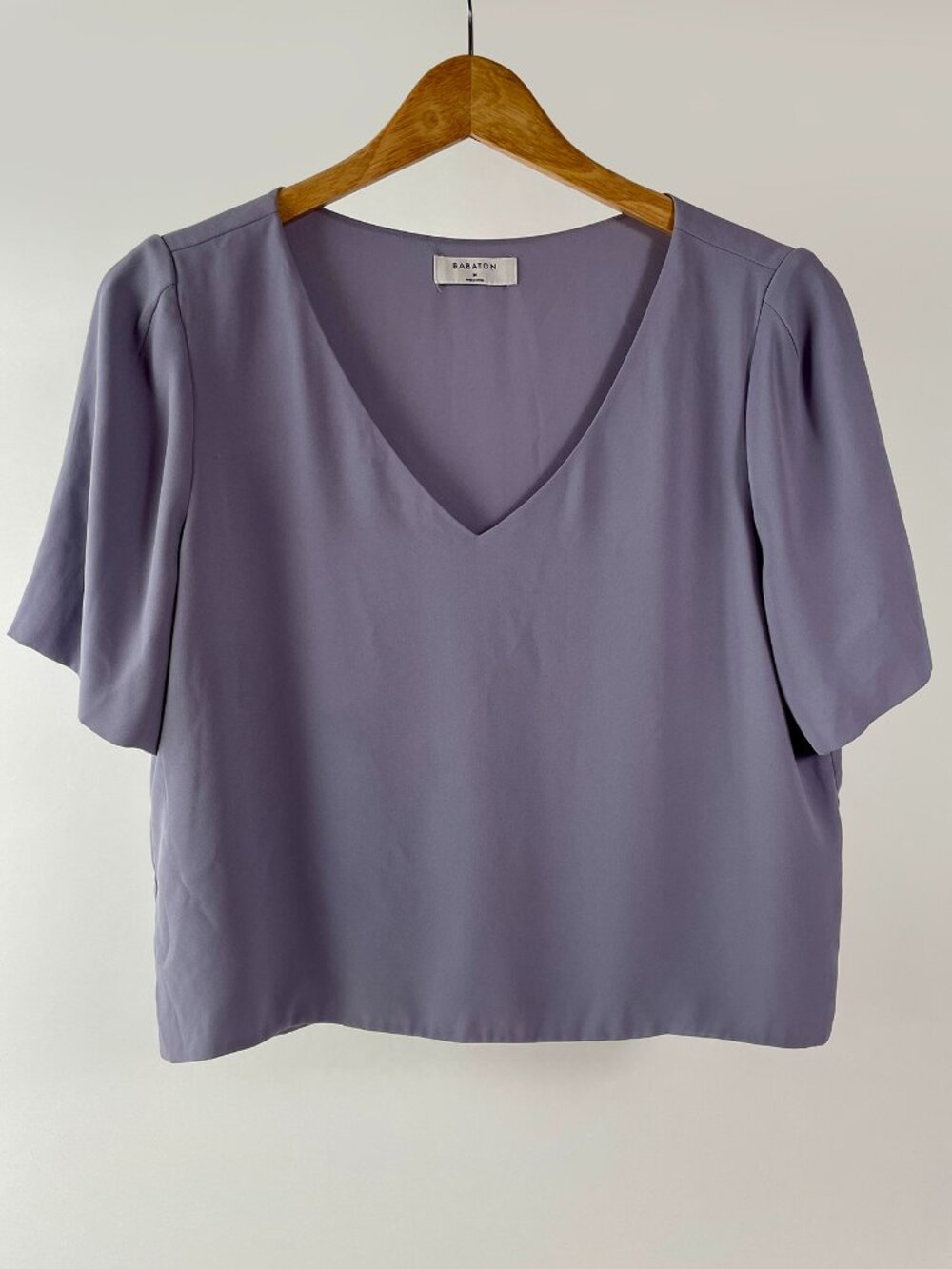 Babaton Short Sleeve V Neck Cropped Randy Top, Dusty Mauve/Purple, Size Medium